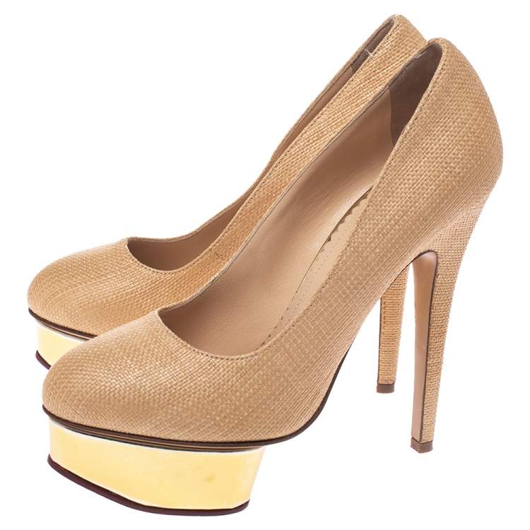 Pre Owned Charlotte Olympia Beige Raffia Dolly Platform Pumps Size 37