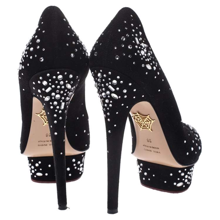 مملوكة مسبقًا Charlotte Olympia Black Crystal Embellished Suede Dolly Platform Pumps Size 38