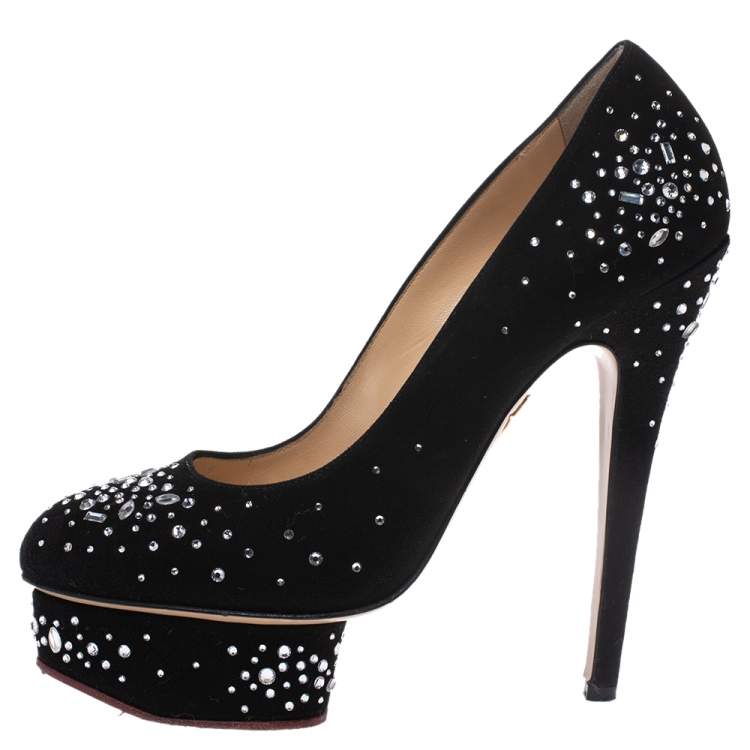 مملوكة مسبقًا Charlotte Olympia Black Crystal Embellished Suede Dolly Platform Pumps Size 38