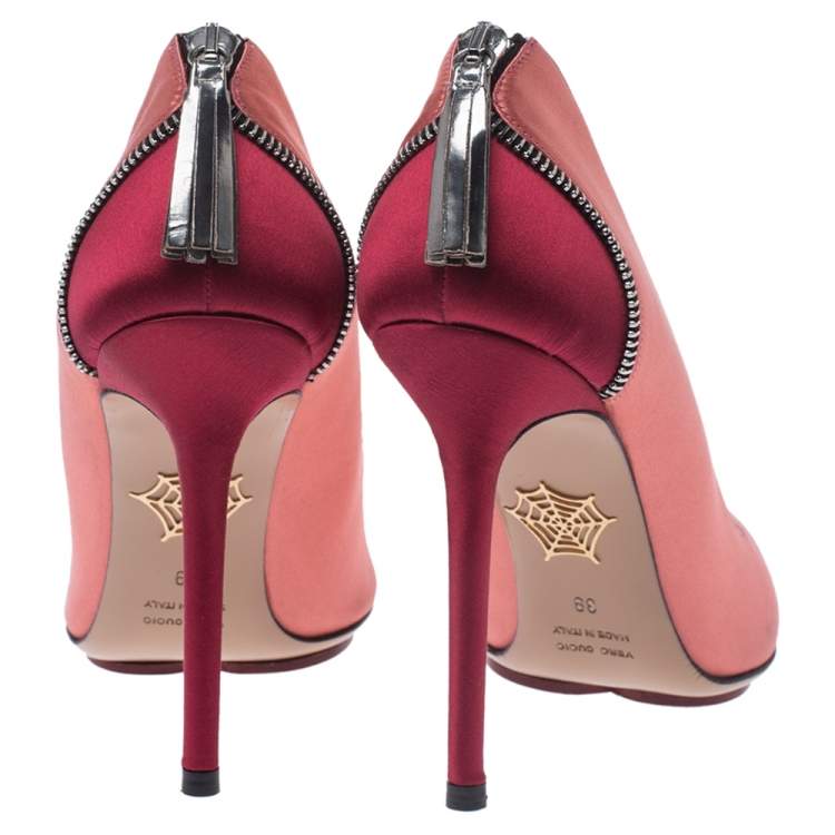 Pre Owned Charlotte Olympia Coral Pink/Red Satin Monroe Pointed Toe Pumps Size 39