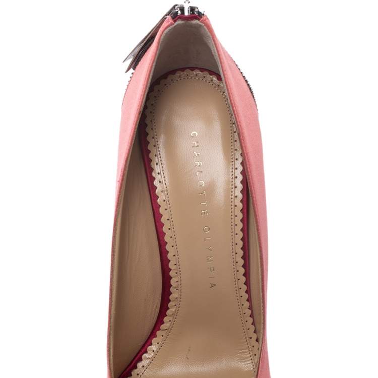 Pre Owned Charlotte Olympia Coral Pink/Red Satin Monroe Pointed Toe Pumps Size 39