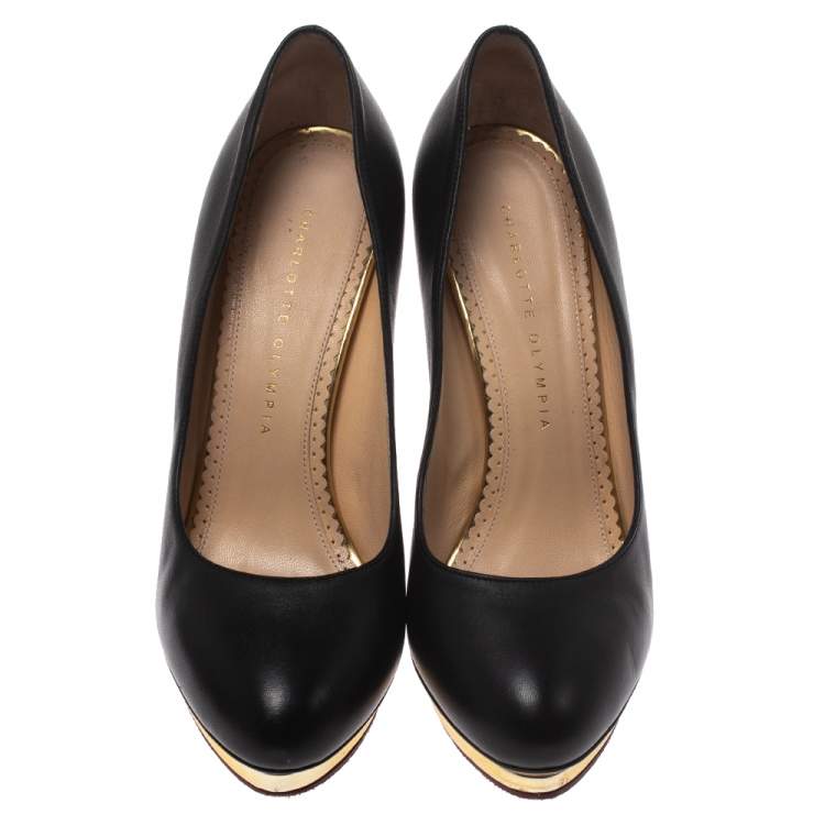 Pre Owned Charlotte Olympia Black Leather Dolly Platform Pumps Size 38.5
