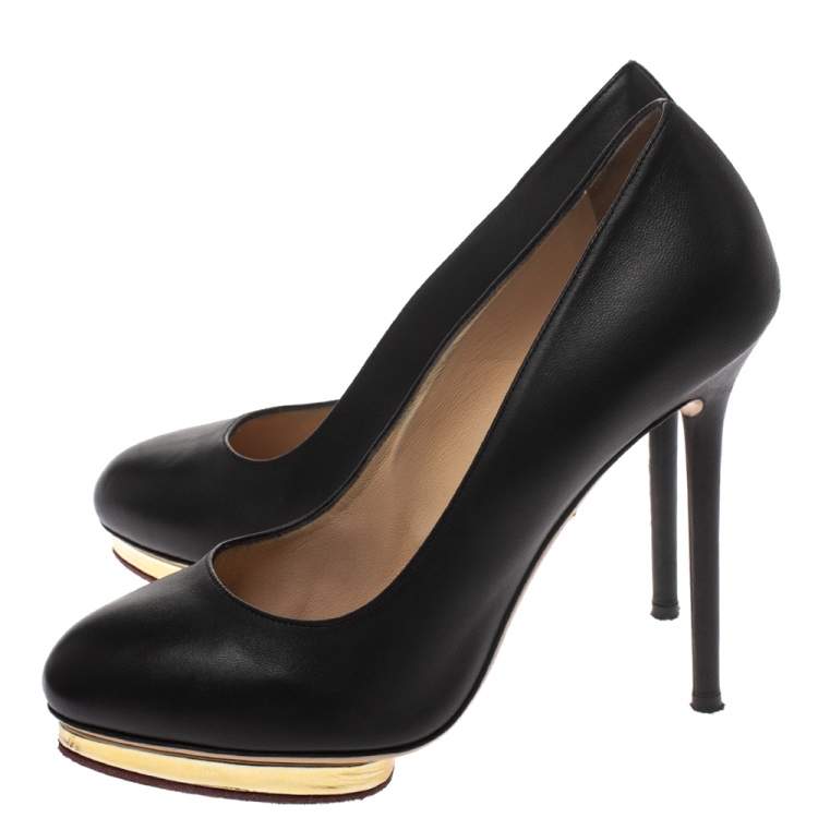 Pre Owned Charlotte Olympia Black Leather Dolly Platform Pumps Size 38.5