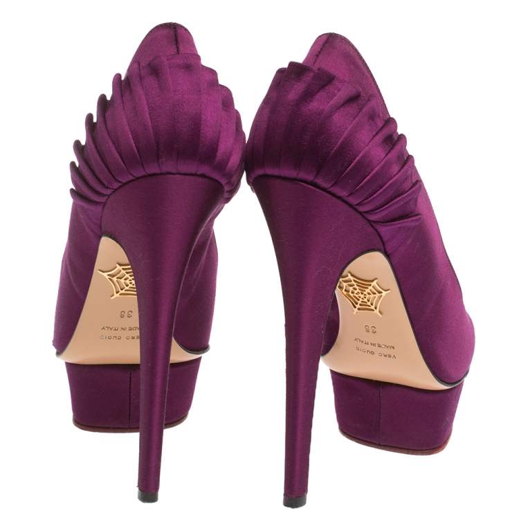 Pre Owned Charlotte Olympia Purple Satin Paloma Fan Pleat Platform Pumps Size 38