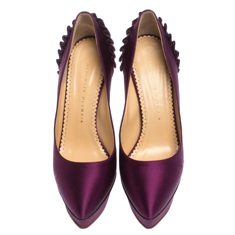 Pre Owned Charlotte Olympia Purple Satin Paloma Fan Pleat Platform Pumps Size 38