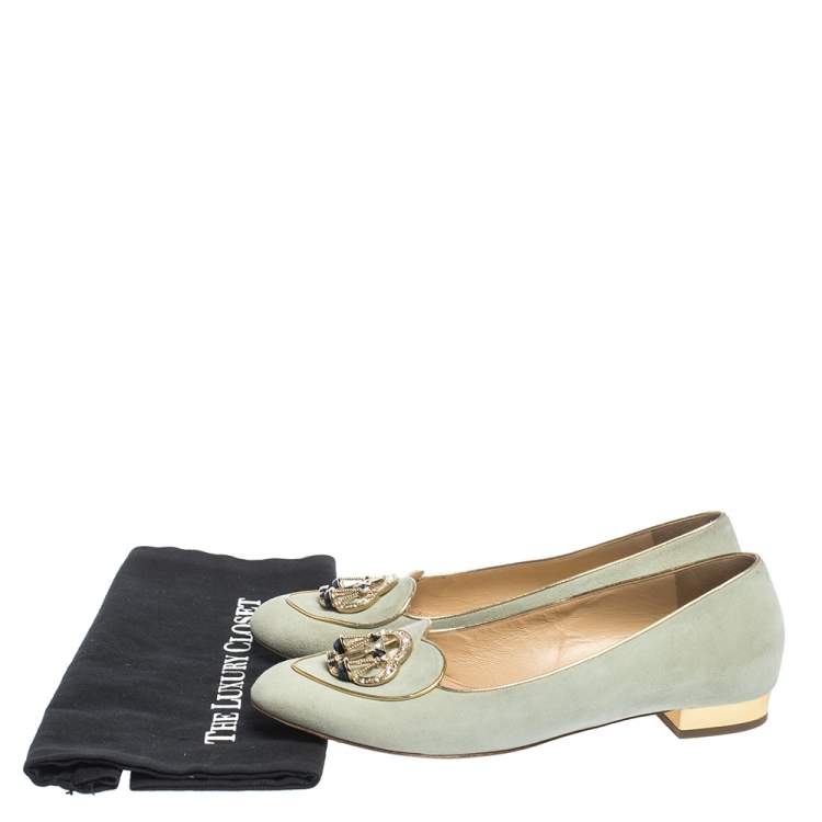 Pre Owned Charlotte Olympia Lime Green Suede Gemini Smoking Slippers Size 41