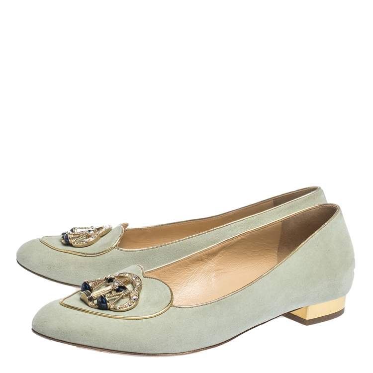 Pre Owned Charlotte Olympia Lime Green Suede Gemini Smoking Slippers Size 41