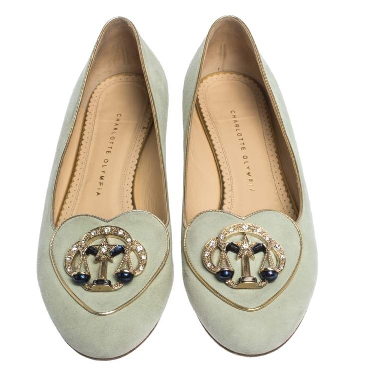 Pre Owned Charlotte Olympia Lime Green Suede Gemini Smoking Slippers Size 41