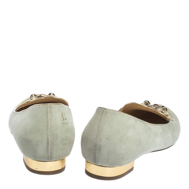 Pre Owned Charlotte Olympia Lime Green Suede Gemini Smoking Slippers Size 41