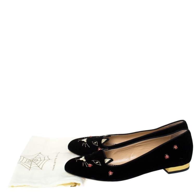 Pre Owned Charlotte Olympia Black Velvet Lucky Kitty Ladybug Embellished Flats Size 40.5