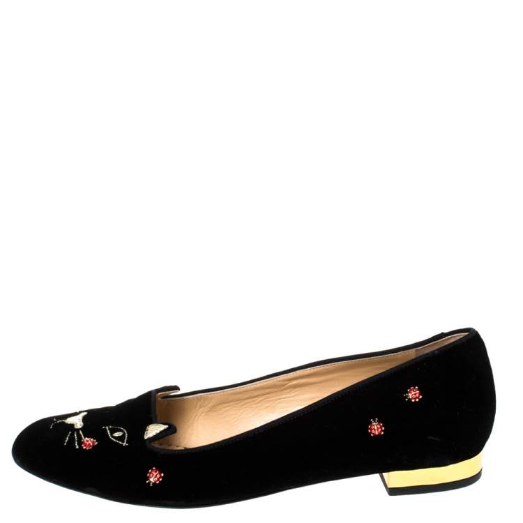 Pre Owned Charlotte Olympia Black Velvet Lucky Kitty Ladybug Embellished Flats Size 40.5