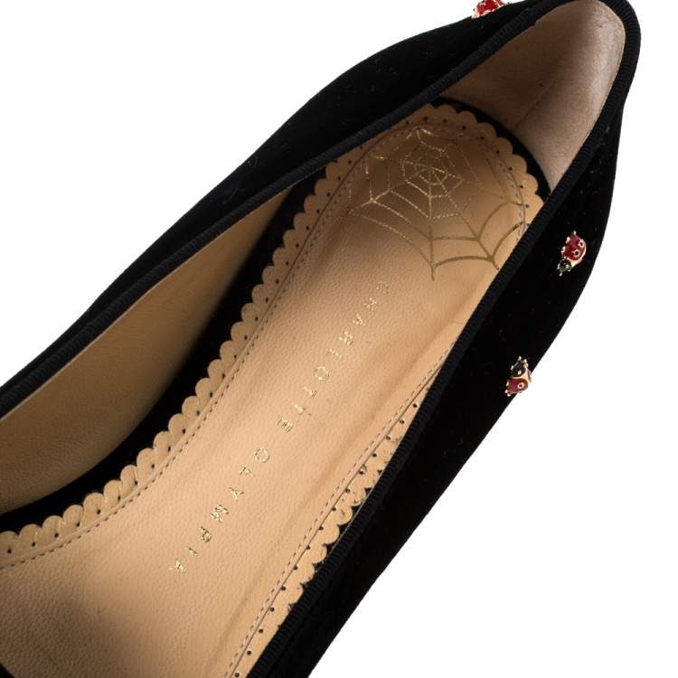 Pre Owned Charlotte Olympia Black Velvet Lucky Kitty Ladybug Embellished Flats Size 40.5