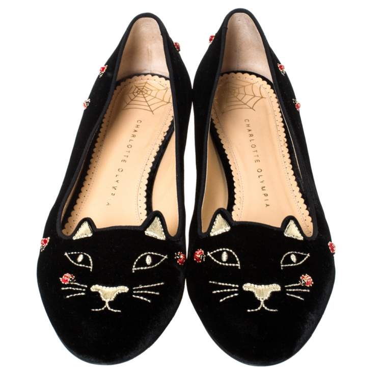 Pre Owned Charlotte Olympia Black Velvet Lucky Kitty Ladybug Embellished Flats Size 40.5