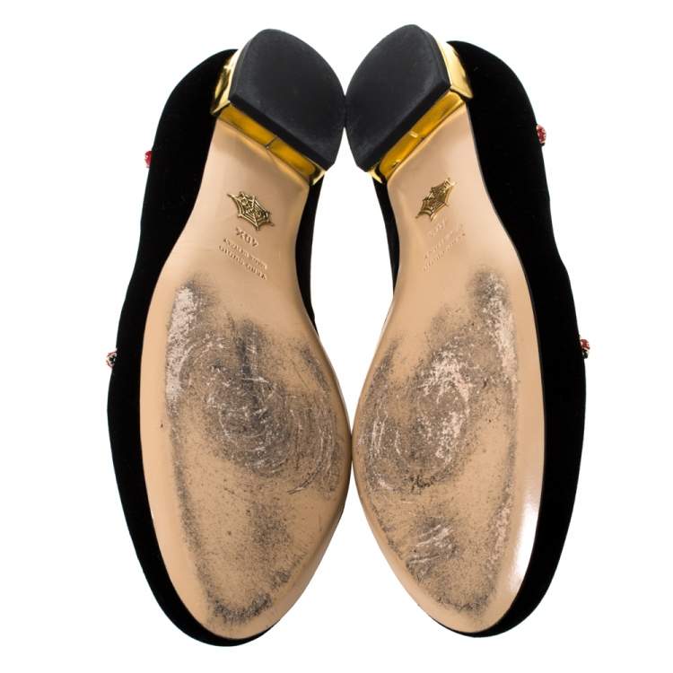 Pre Owned Charlotte Olympia Black Velvet Lucky Kitty Ladybug Embellished Flats Size 40.5