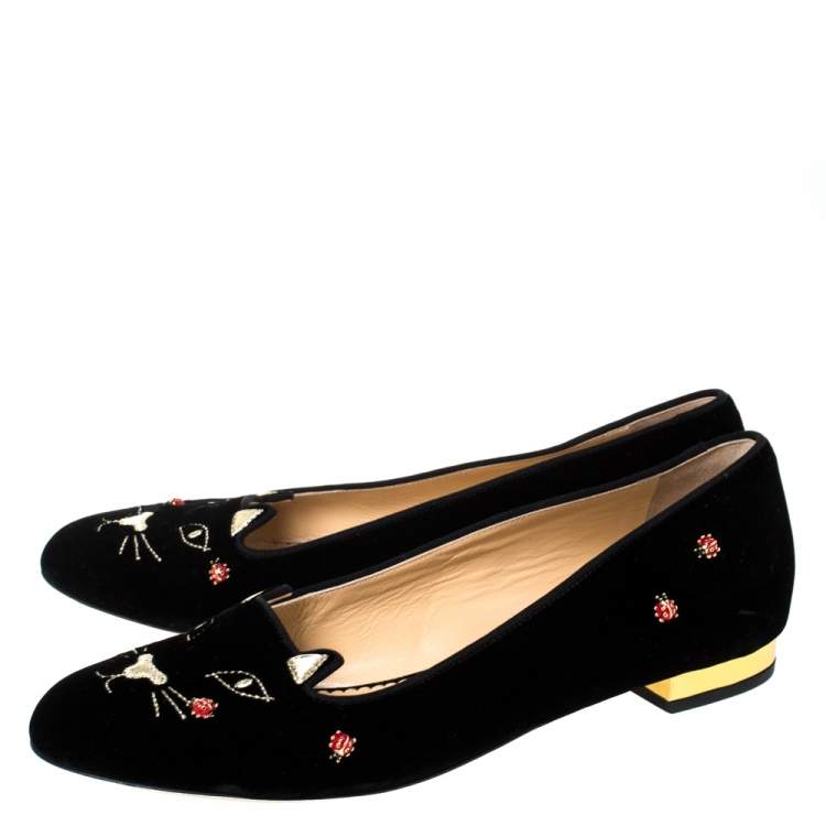 Pre Owned Charlotte Olympia Black Velvet Lucky Kitty Ladybug Embellished Flats Size 40.5