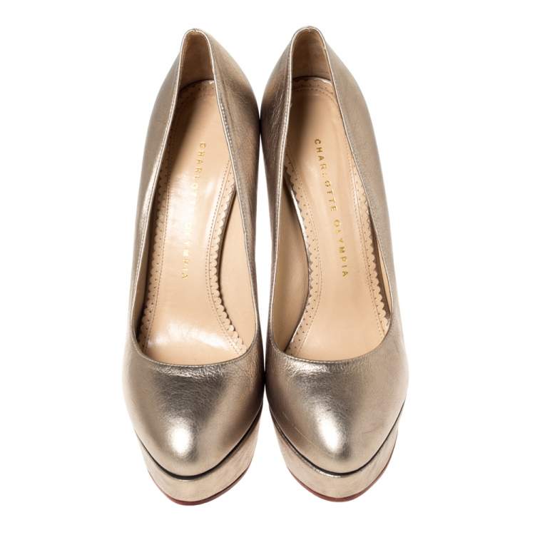 Pre Owned Charlotte Olympia Metallic Gold Leather Dolly Platform Pumps Size 39.5
