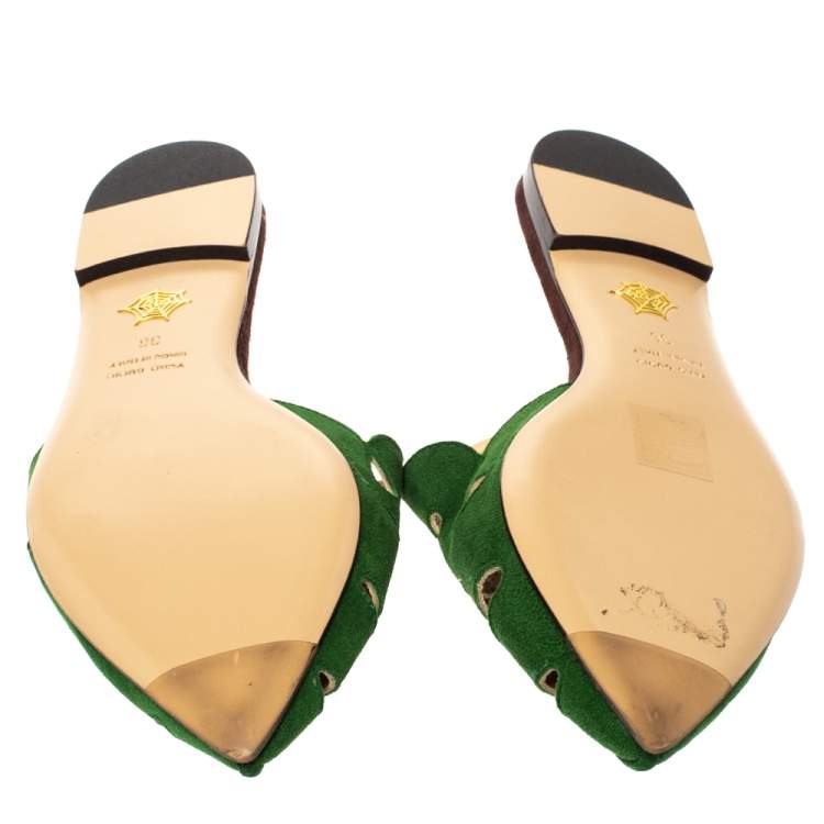 Pre Owned Charlotte Olympia Green Suede Verdant Flat Mules Size 36