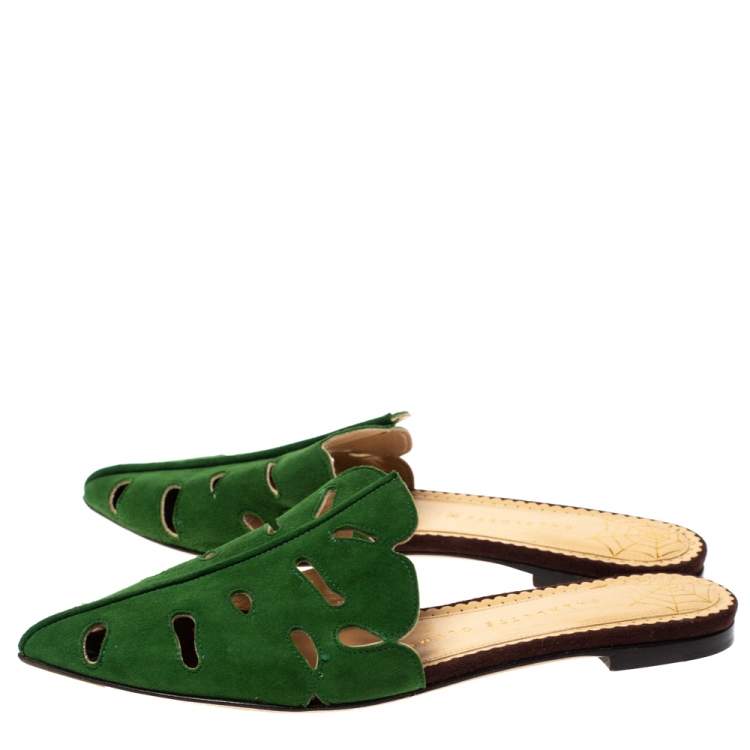 Pre Owned Charlotte Olympia Green Suede Verdant Flat Mules Size 36