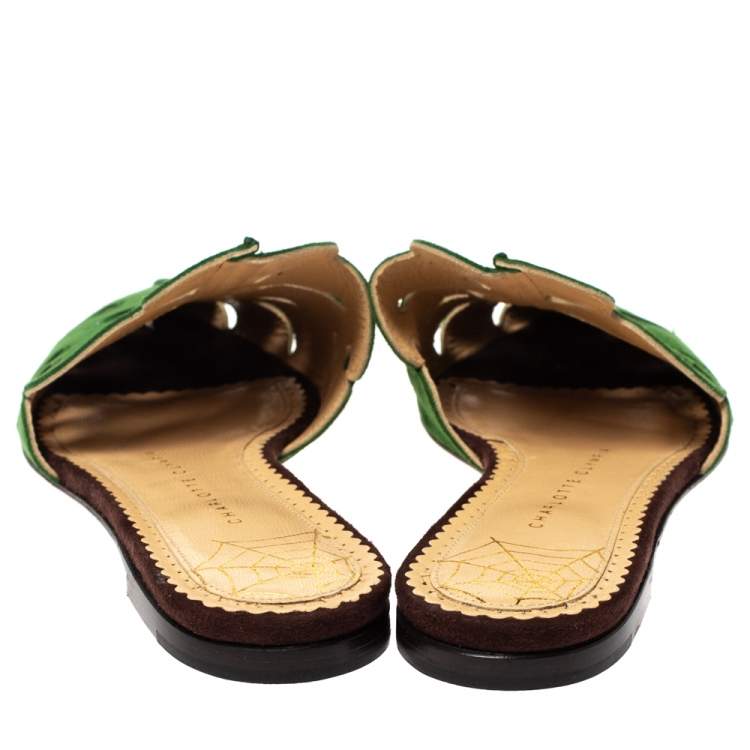 Pre Owned Charlotte Olympia Green Suede Verdant Flat Mules Size 36