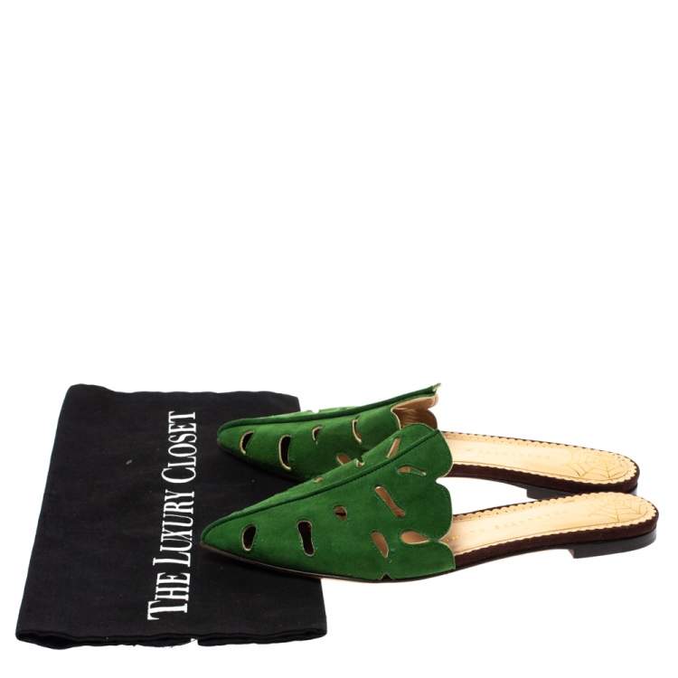 Pre Owned Charlotte Olympia Green Suede Verdant Flat Mules Size 36
