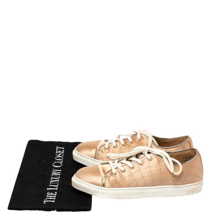 Pre Owned Charlotte Olympia Peach Satin Web Low Top Sneakers Size 37