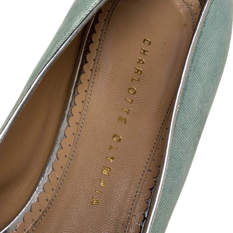 Pre Owned Charlotte Olympia Light Blue Glitter Nubuck Kitty Ballet Flats Size 41