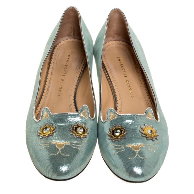 Pre Owned Charlotte Olympia Light Blue Glitter Nubuck Kitty Ballet Flats Size 41