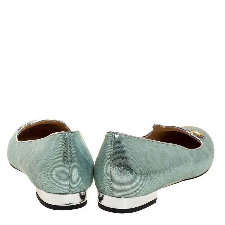 Pre Owned Charlotte Olympia Light Blue Glitter Nubuck Kitty Ballet Flats Size 41