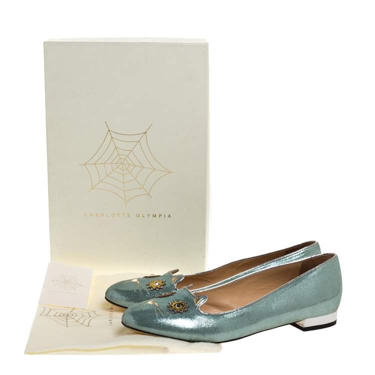 Pre Owned Charlotte Olympia Light Blue Glitter Nubuck Kitty Ballet Flats Size 41