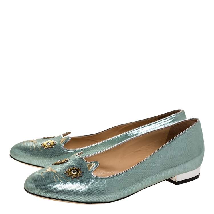 Pre Owned Charlotte Olympia Light Blue Glitter Nubuck Kitty Ballet Flats Size 41