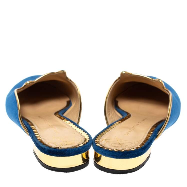 Pre Owned Charlotte Olympia Blue Velvet Kitty Slip On Flats Size 39