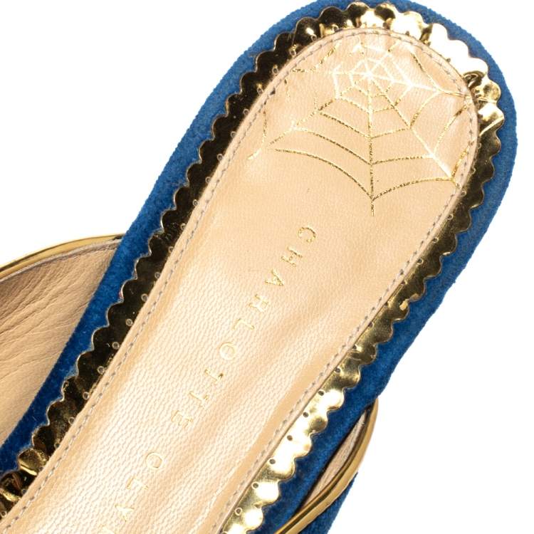 Pre Owned Charlotte Olympia Blue Velvet Kitty Slip On Flats Size 39