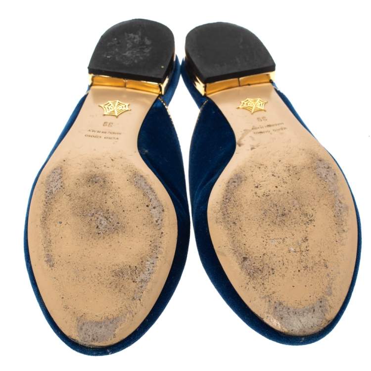 Pre Owned Charlotte Olympia Blue Velvet Kitty Slip On Flats Size 39