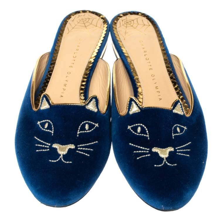 Pre Owned Charlotte Olympia Blue Velvet Kitty Slip On Flats Size 39