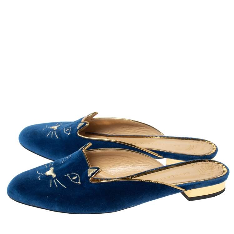 Pre Owned Charlotte Olympia Blue Velvet Kitty Slip On Flats Size 39
