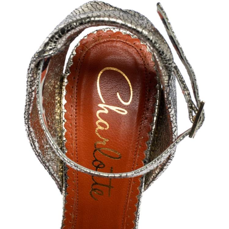 Pre Owned Charlotte Olympia Metallic Gold Crackled Leather Mischievous Wedge Sandals Size 40