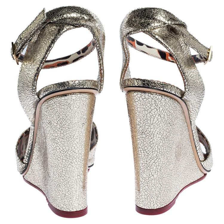 Pre Owned Charlotte Olympia Metallic Gold Crackled Leather Mischievous Wedge Sandals Size 40