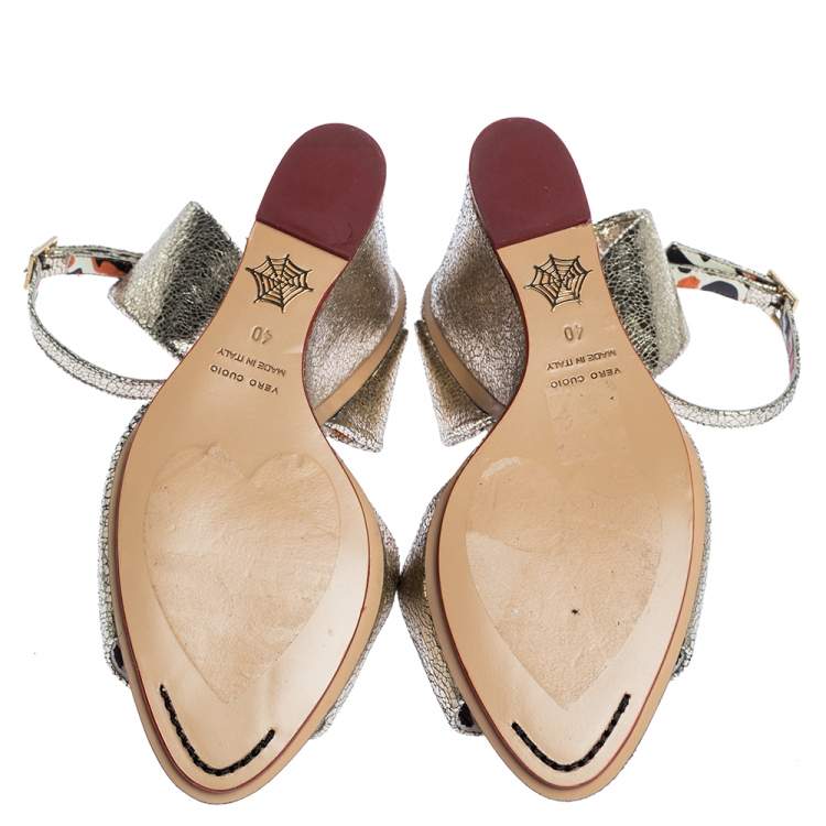 Pre Owned Charlotte Olympia Metallic Gold Crackled Leather Mischievous Wedge Sandals Size 40