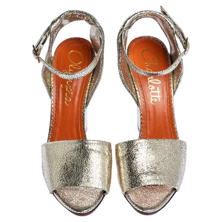 Pre Owned Charlotte Olympia Metallic Gold Crackled Leather Mischievous Wedge Sandals Size 40