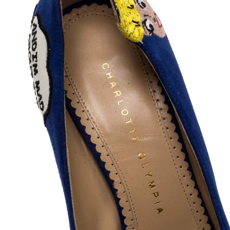 مملوكة مسبقًا Charlotte Olympia Blue Suede Archie Comic Peep Toe Pumps Size 37