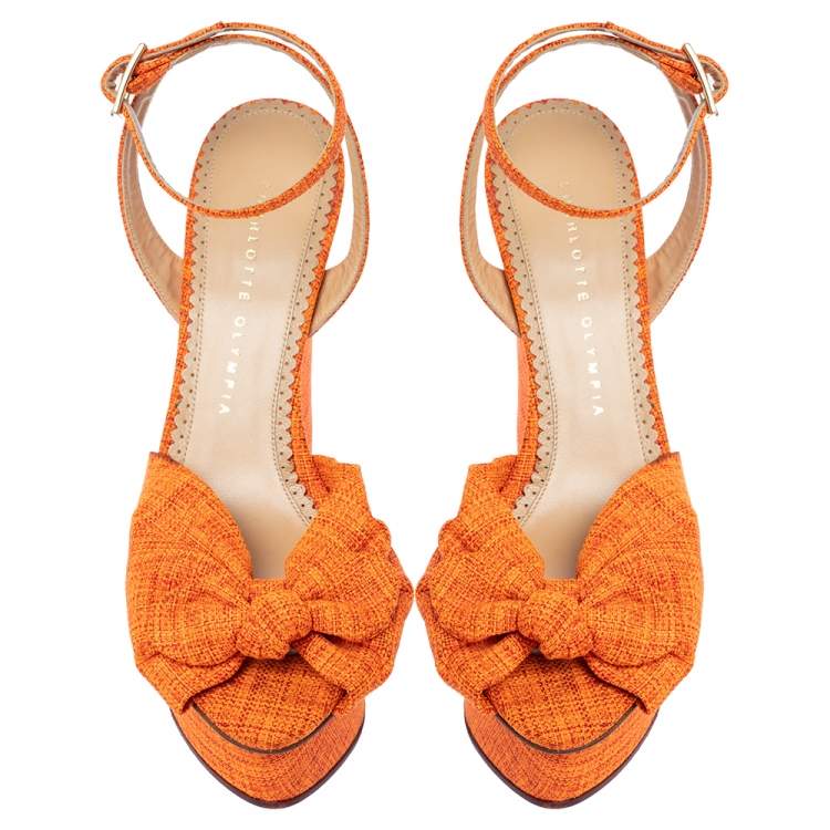 Pre Owned Charlotte Olympia Neon Orange Canvas Bow Ankle Wrap Wedge Sandals Size 37.5