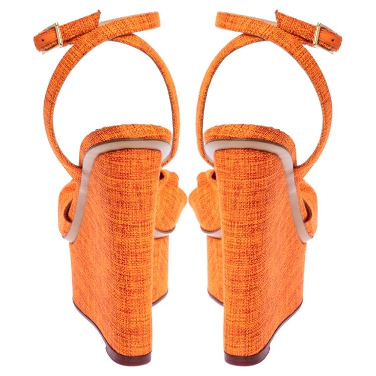 Pre Owned Charlotte Olympia Neon Orange Canvas Bow Ankle Wrap Wedge Sandals Size 37.5
