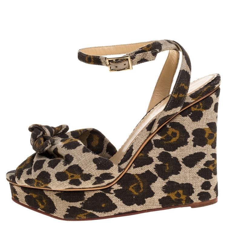Pre Owned Charlotte Olympia Brown/Beige Printed Canvas Fabric Bow Platform Ankle Strap Sandals Size 38