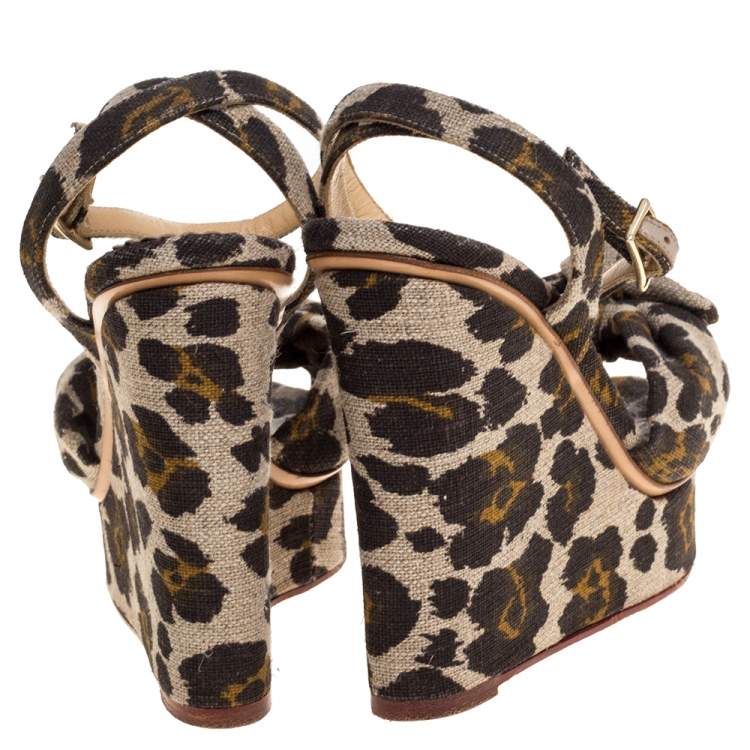 Pre Owned Charlotte Olympia Brown/Beige Printed Canvas Fabric Bow Platform Ankle Strap Sandals Size 38