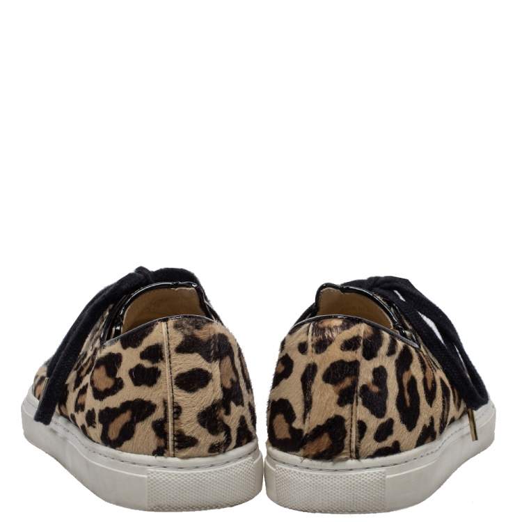 Pre Owned Charlotte Olympia Beige Leopard Print Pony Hair Purrfect Low Top Sneakers Size 37