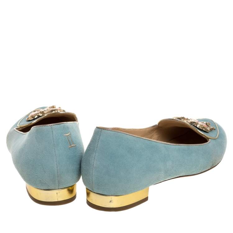 Pre Owned Charlotte Olympia Blue Suede Birthday Zodiac Gemini Ballet Flats Size 40