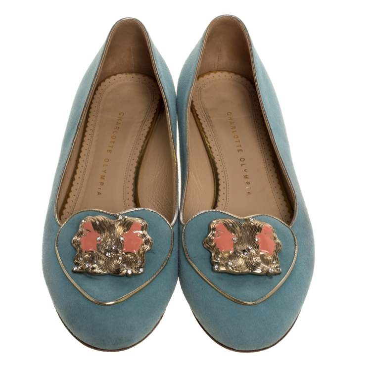Pre Owned Charlotte Olympia Blue Suede Birthday Zodiac Gemini Ballet Flats Size 40