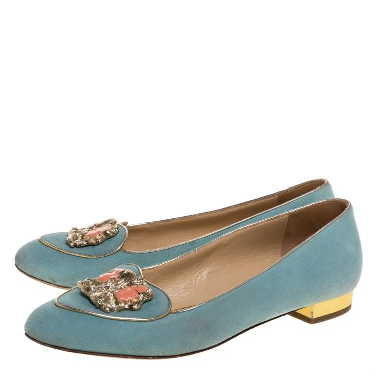 Pre Owned Charlotte Olympia Blue Suede Birthday Zodiac Gemini Ballet Flats Size 40