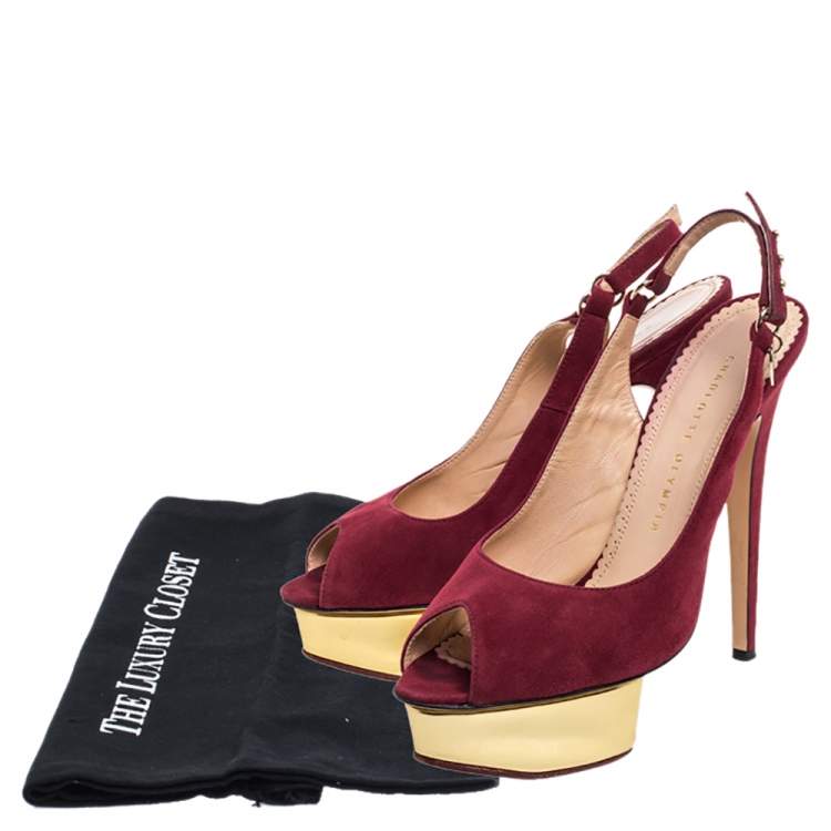 Pre Owned Charlotte Olympia Maroon Suede Slingback Peep Toe Platform Pumps Size 38