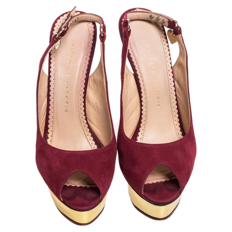 Pre Owned Charlotte Olympia Maroon Suede Slingback Peep Toe Platform Pumps Size 38
